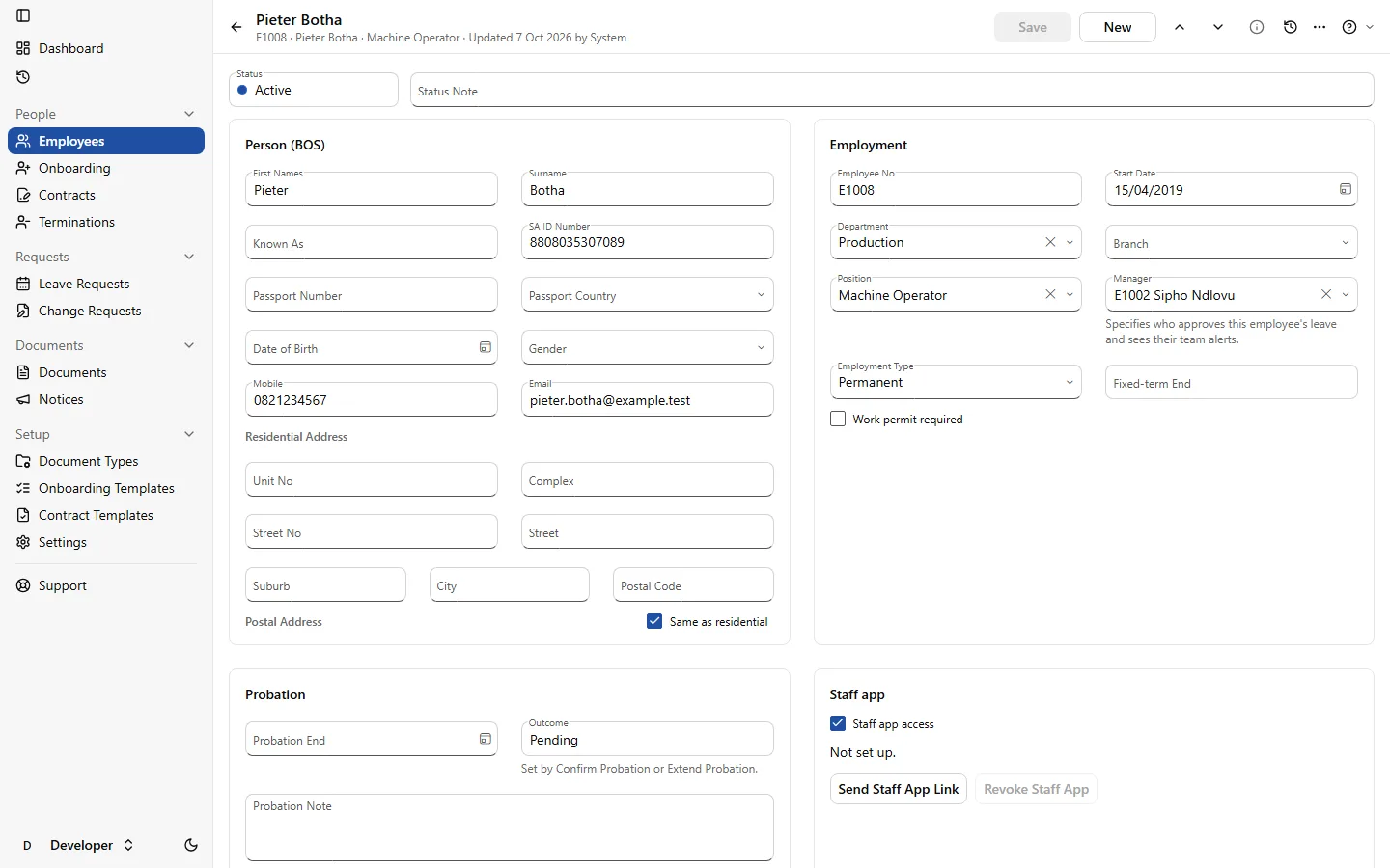 An employee's file in HR: personal details, employment, probation and the Staff app