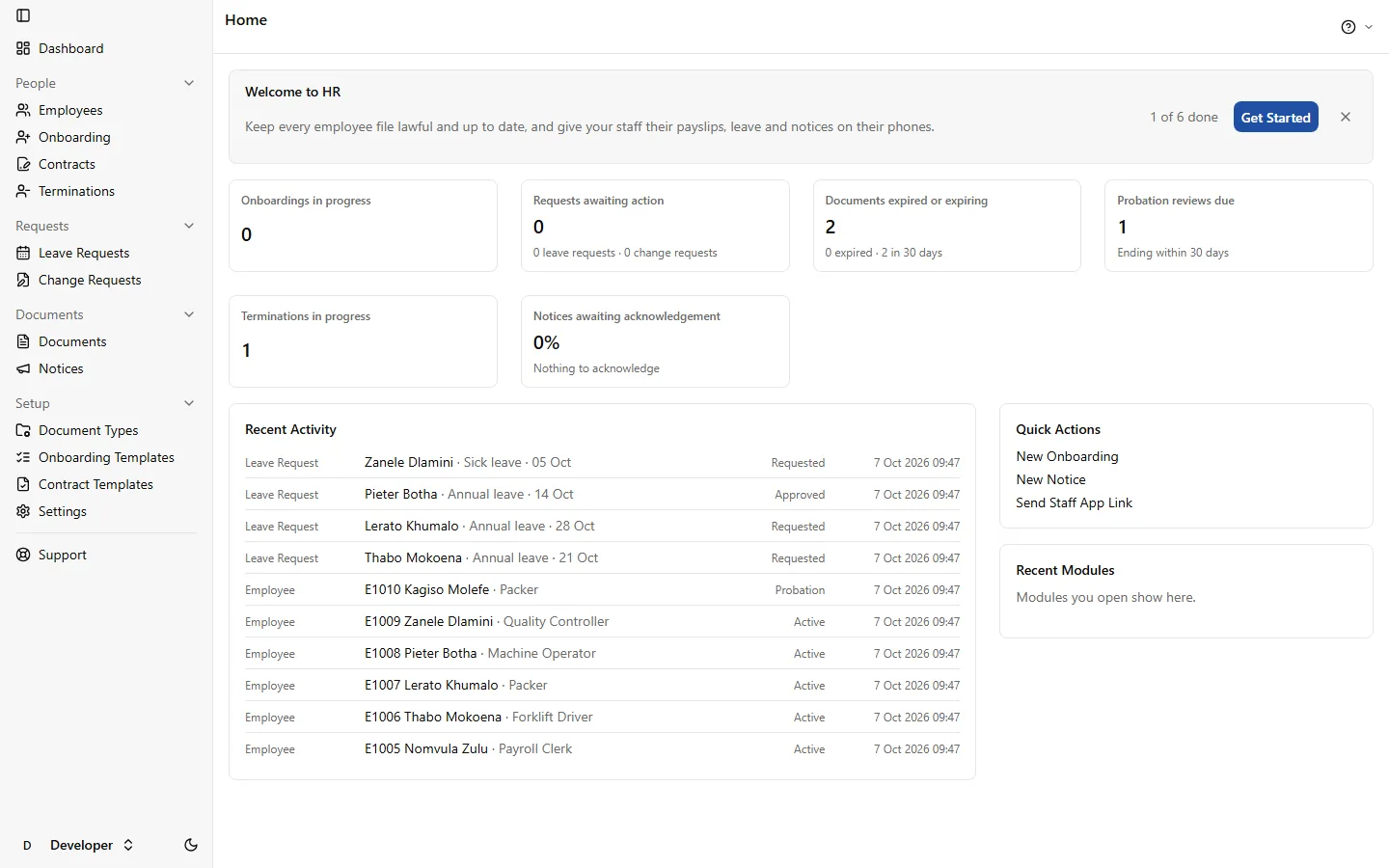 HR's Home screen with what needs attention: leave to approve, documents expiring and probation ending