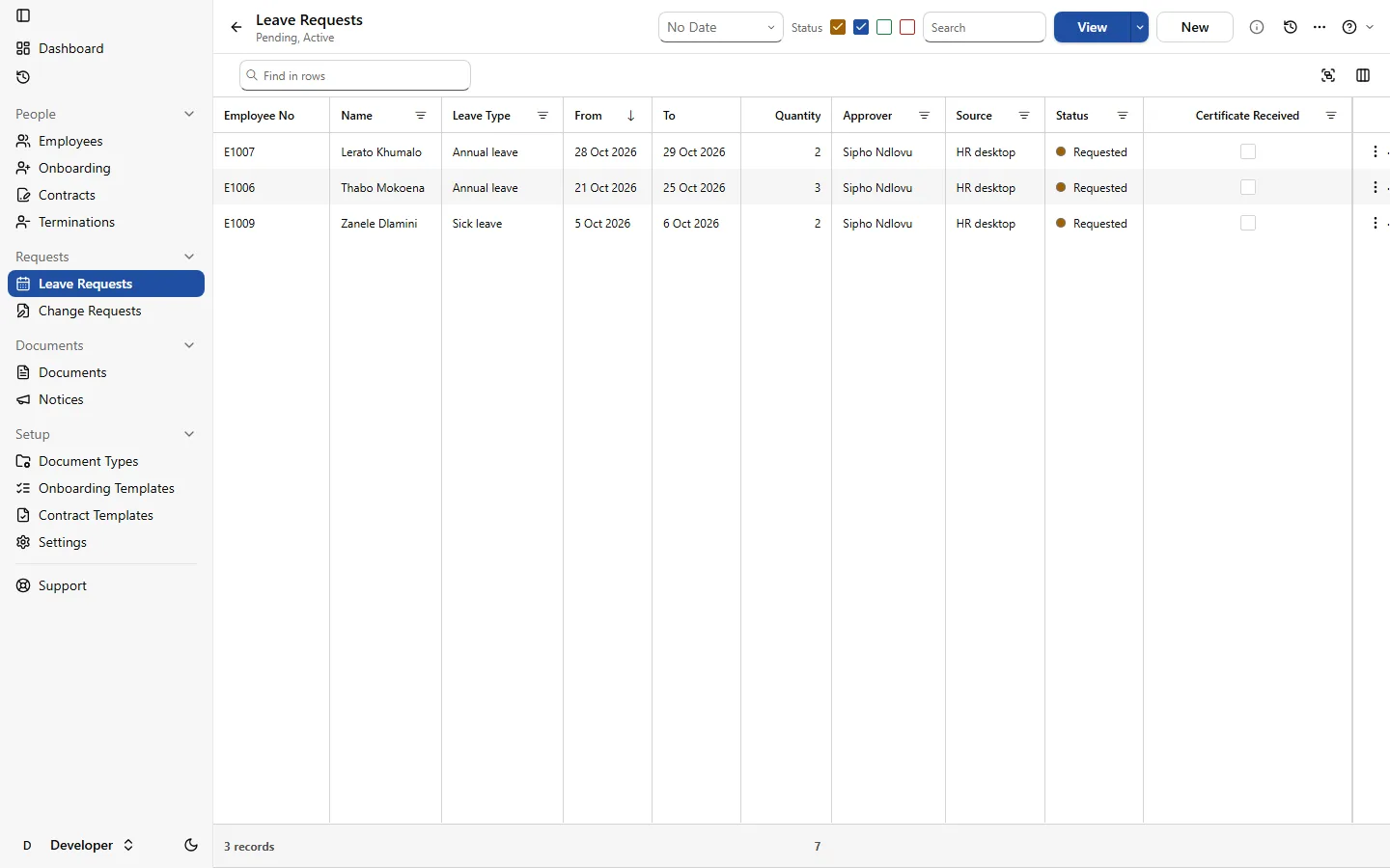 The Leave Requests list with requested, approved and sick leave