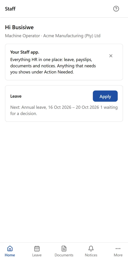 The Staff app on an employee's phone: their name, leave and the latest notices