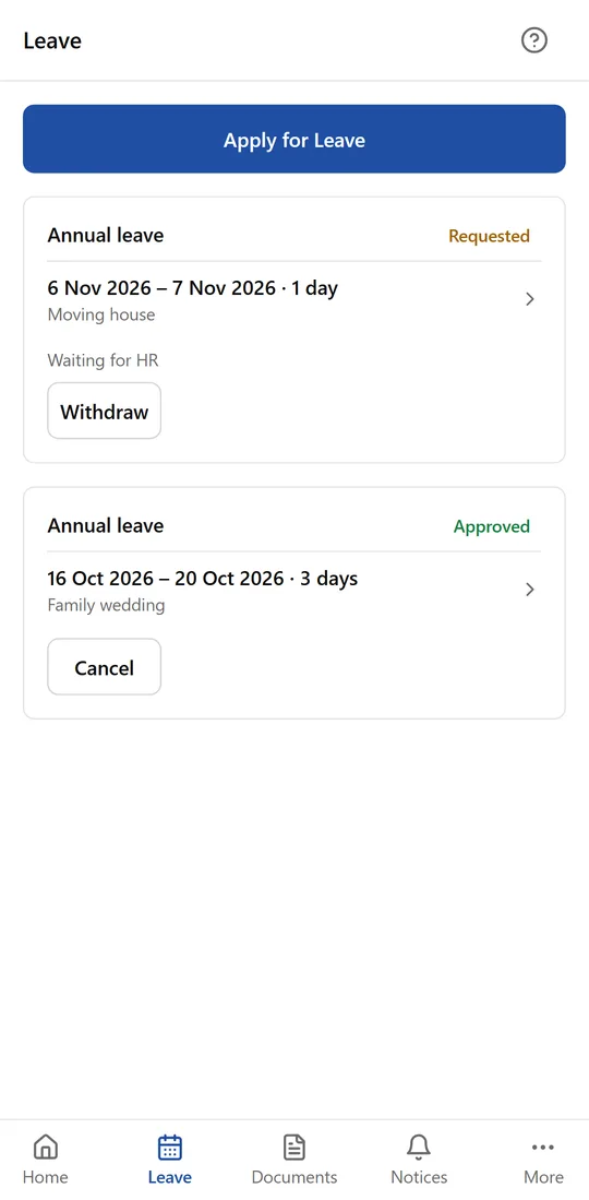 The Staff app's leave screen on a phone