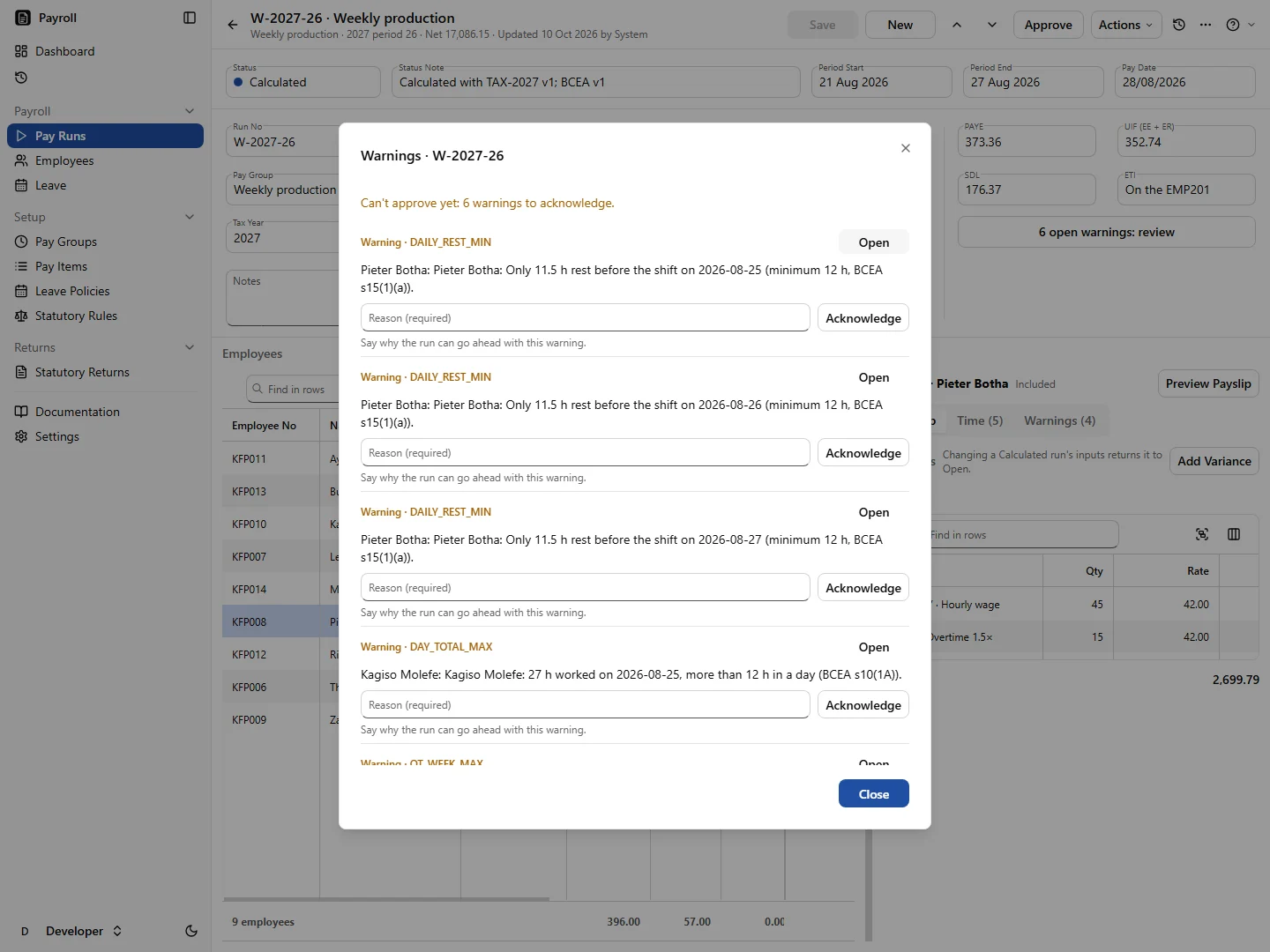 The warnings dialog on a pay run: daily rest breaches under BCEA section 15, each needing a reason before it can be acknowledged
