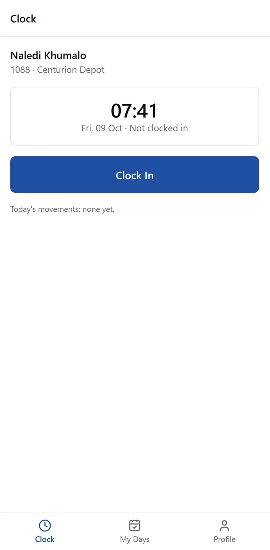 An employee's phone showing their name and site, the time, and a Clock In button